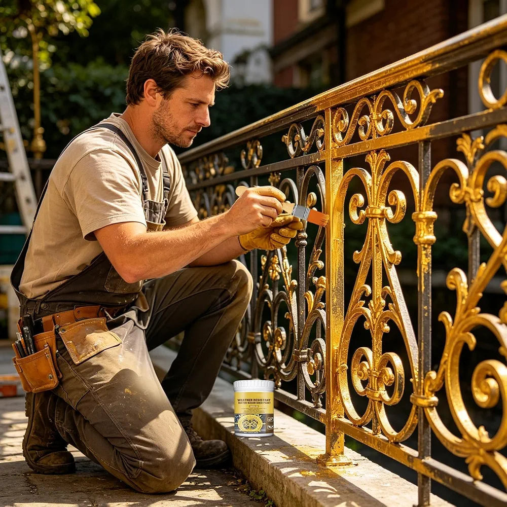 Water Resistant Gold Metallic Paint - High Lustre Finish for Indoor and Outdoor Use