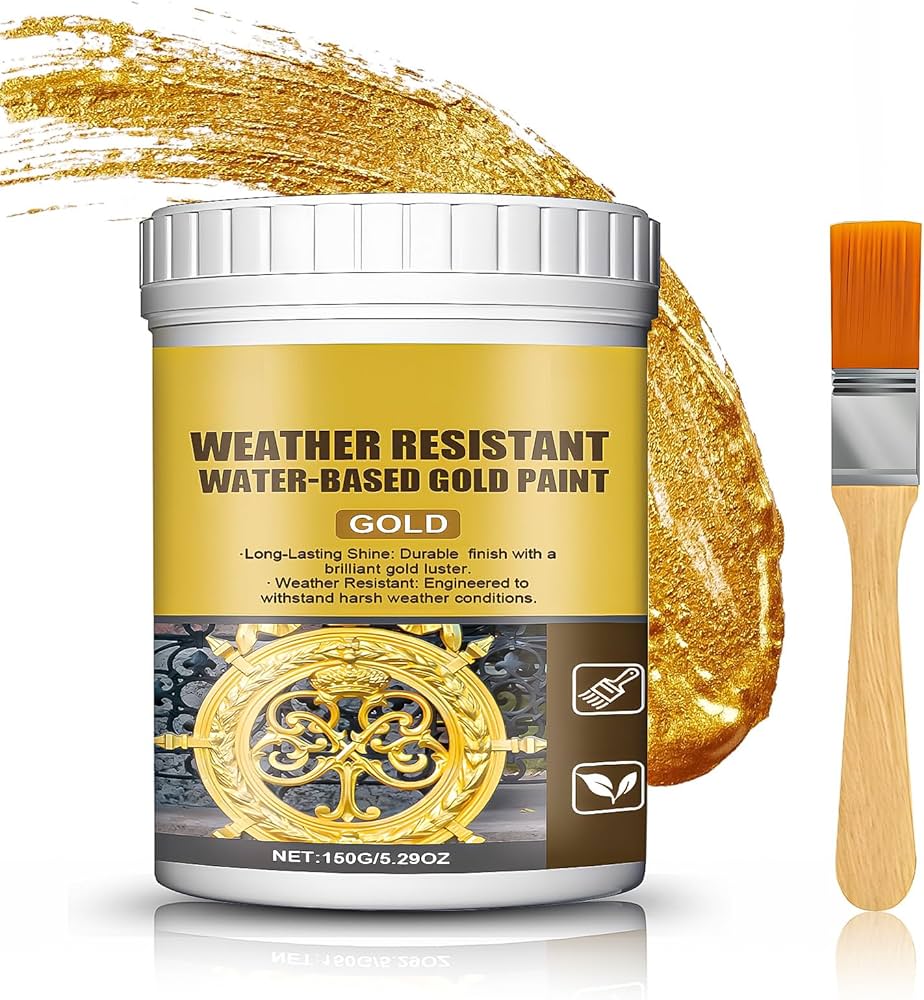 Water-based gold metallic paint container for wood and metal surfaces