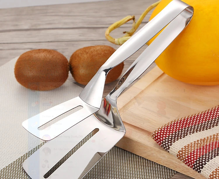 A single double-sided stainless steel spatula with a polished finish and hanging hole.