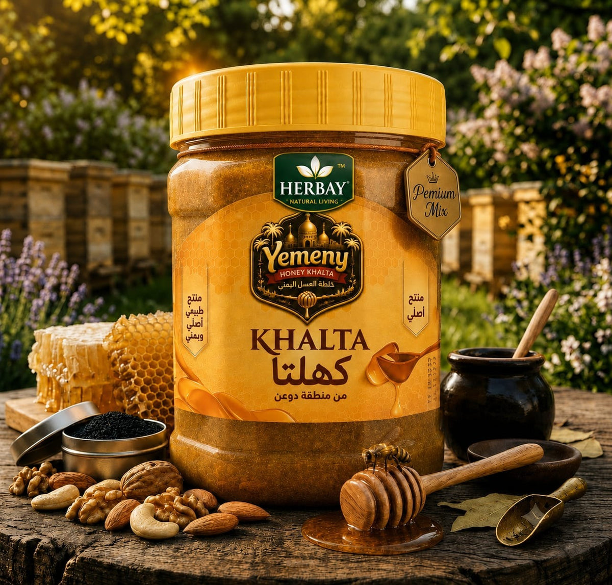 300g glass jar of Yemeny Khalta honey containing an herbal blend with an amber-coloured thick texture