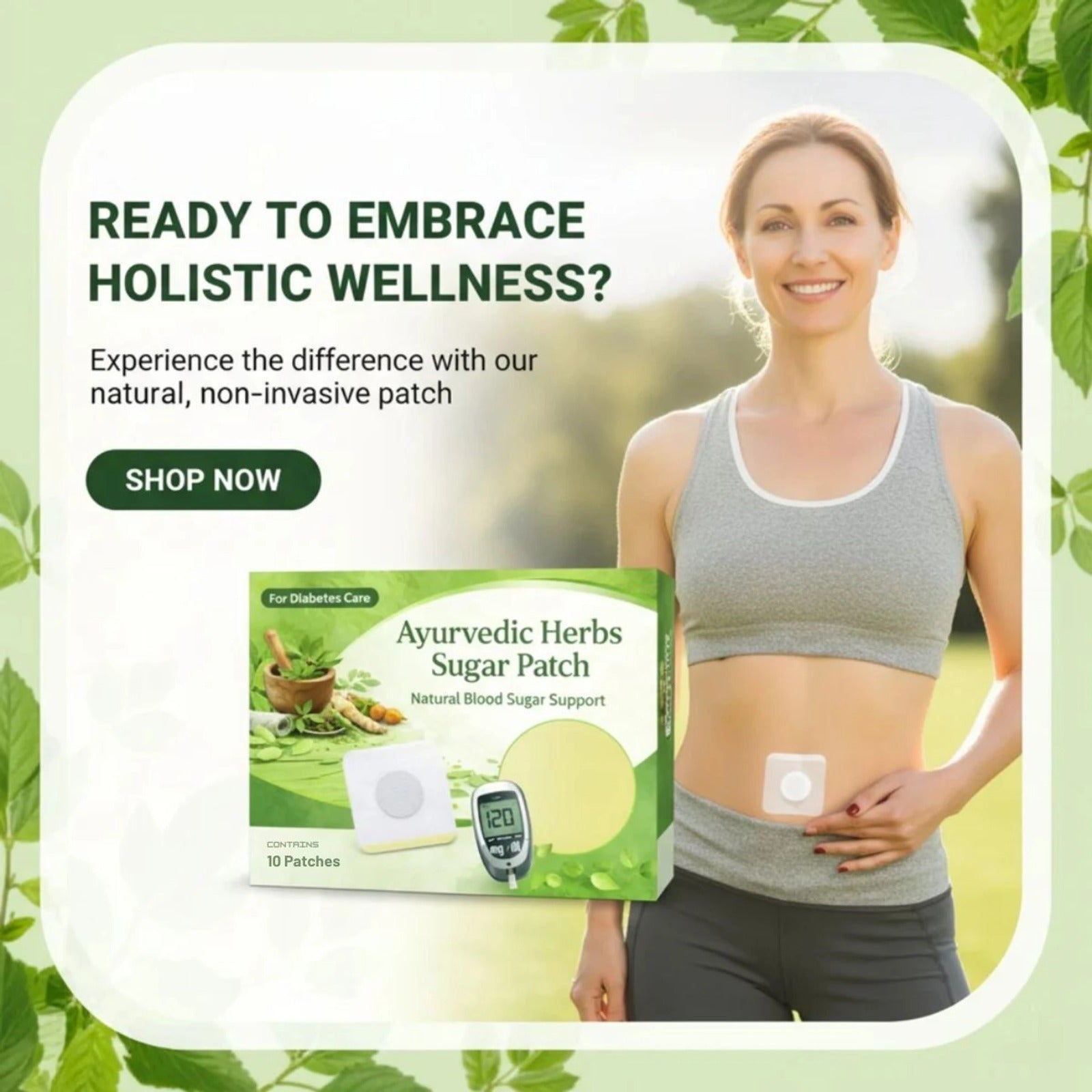 A pack of ten Ayurvedic herbal patches with a simple peel-and-stick design.