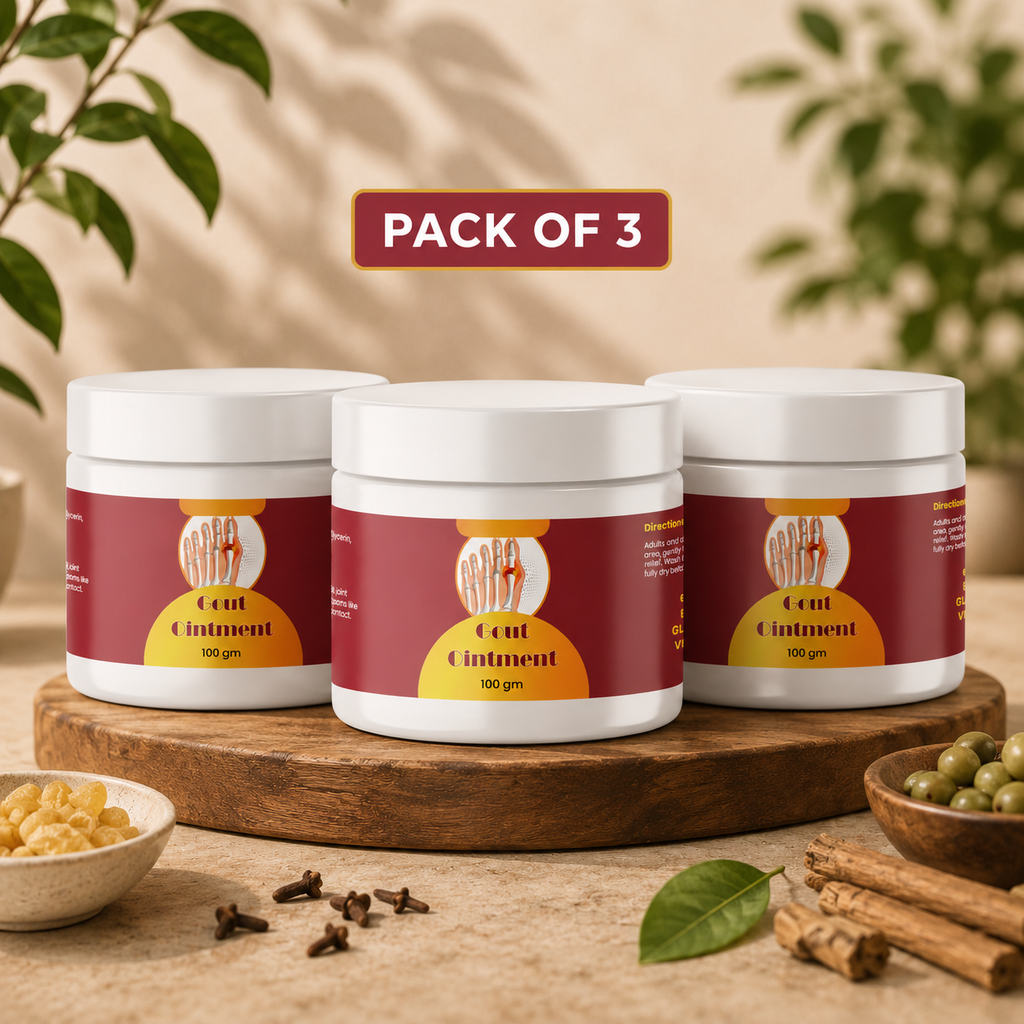 Three white containers of Gout Pain Relief Ointment Cream