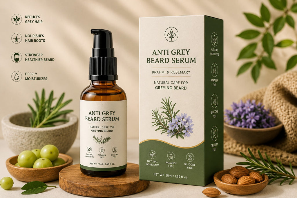 Two bottles of anti-grey beard serum for daily facial hair grooming