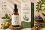 Two bottles of anti-grey beard serum for daily facial hair grooming