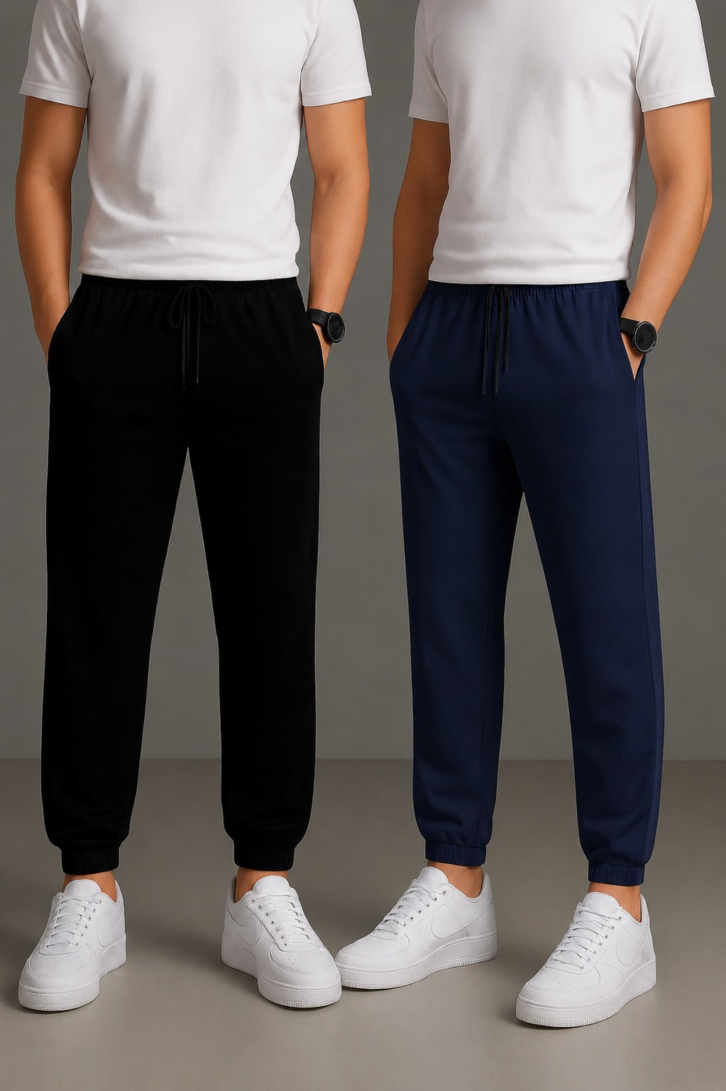 A pack of two dark blue and black cotton blend track pants folded