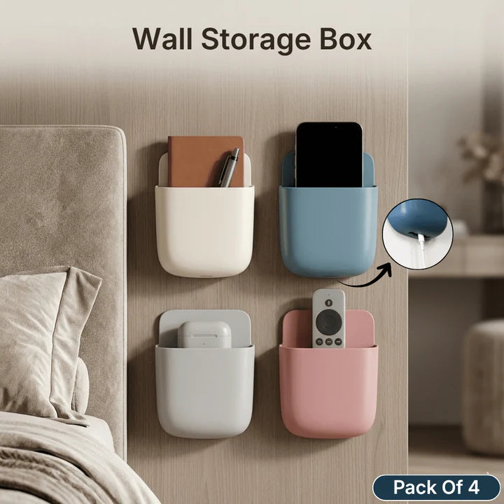 Set of four lightweight plastic wall-mounted organizers for phones and remote controls