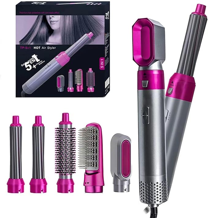5-in-1 hair styler unit with five different brush and curling barrel attachments