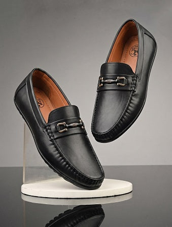 Men's Black Synthetic Leather Horsebit Loafers with Padded Footbed