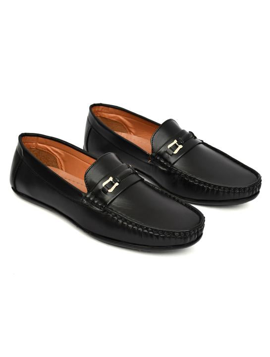 Men's Black Synthetic Leather Horsebit Loafers with Padded Footbed