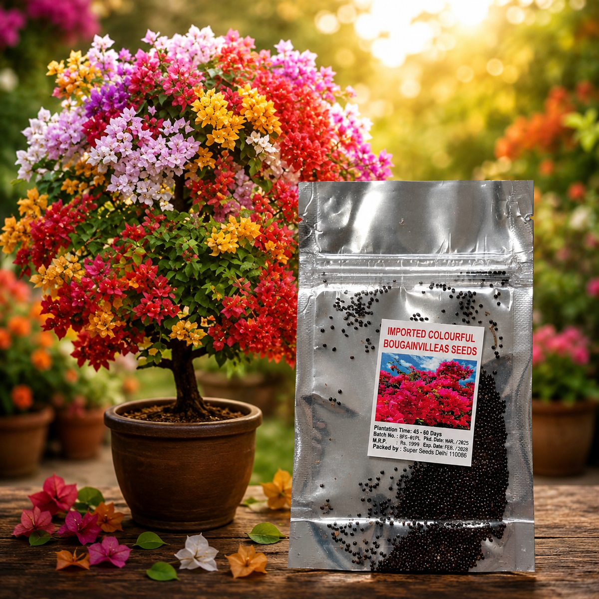A packet of mixed colour bougainvillea seeds for home gardening.
