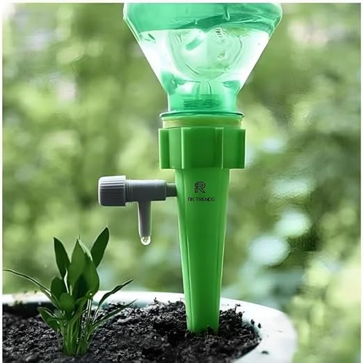 A set of 12 colourful plastic self-watering spikes for potted plants