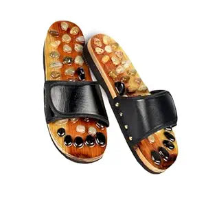 Acupressure reflexology slippers with smooth natural stones and adjustable straps