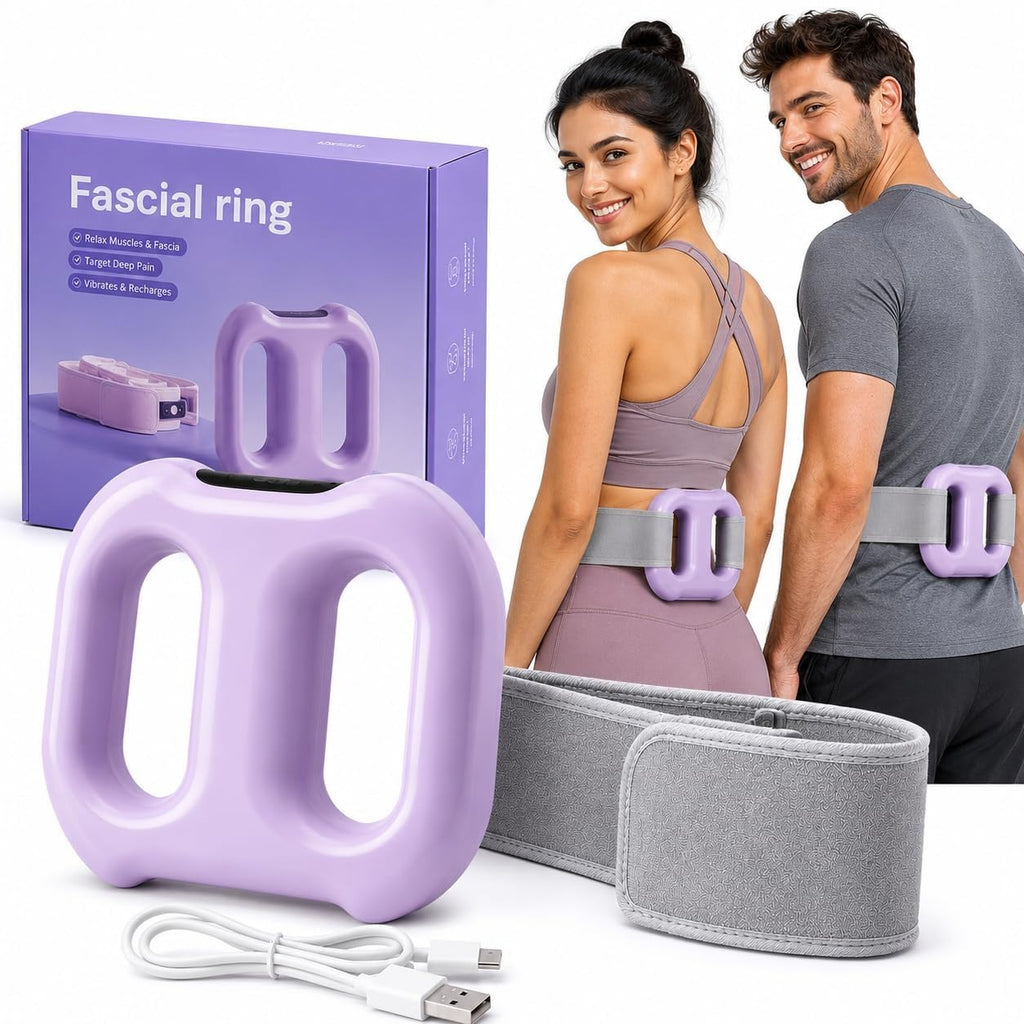 A handheld wearable vibration massage ring with an adjustable strap worn on a finger