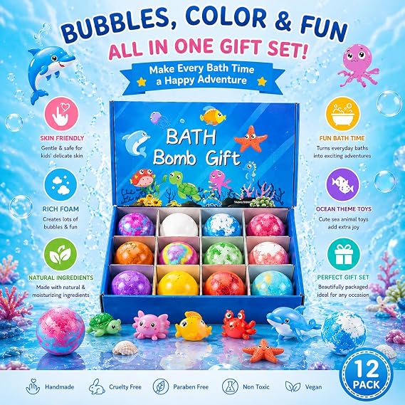 Kids Bath Bomb Gift Set - Assorted Pack of 3 Effervescent Bath Fizzies