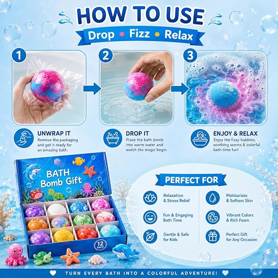 Kids Bath Bomb Gift Set - Assorted Pack of 3 Effervescent Bath Fizzies