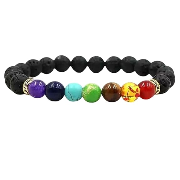 7 chakra bracelet featuring black lava stone beads and colorful energy stones on a neutral background