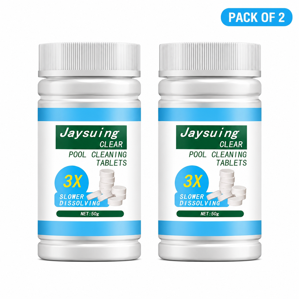 Two 50g pool cleaning tablets for water sanitation in a swimming pool