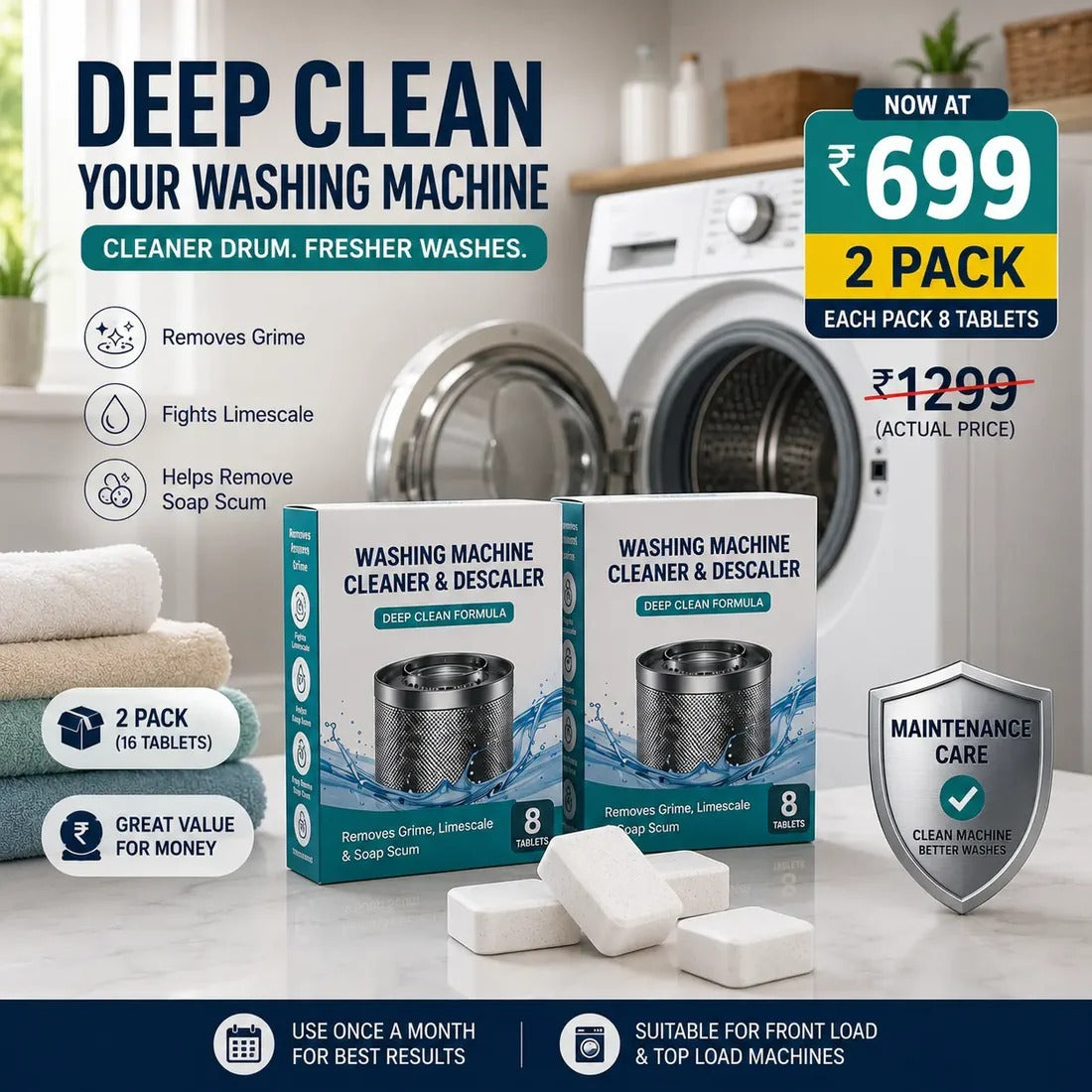 Two packets of washing machine cleaning tablets featuring eight tablets per pack.