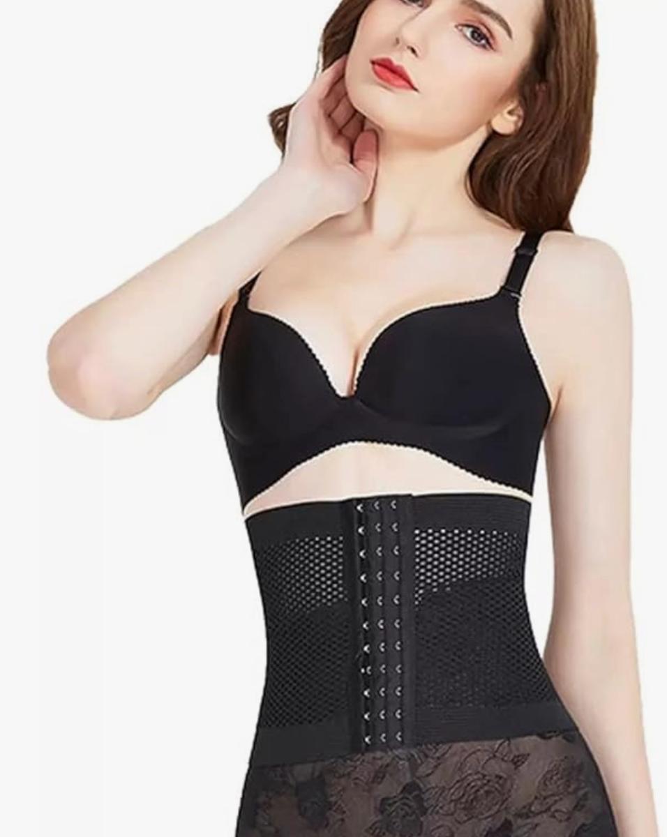 A black cotton blend waist trainer belt for women shown flat.