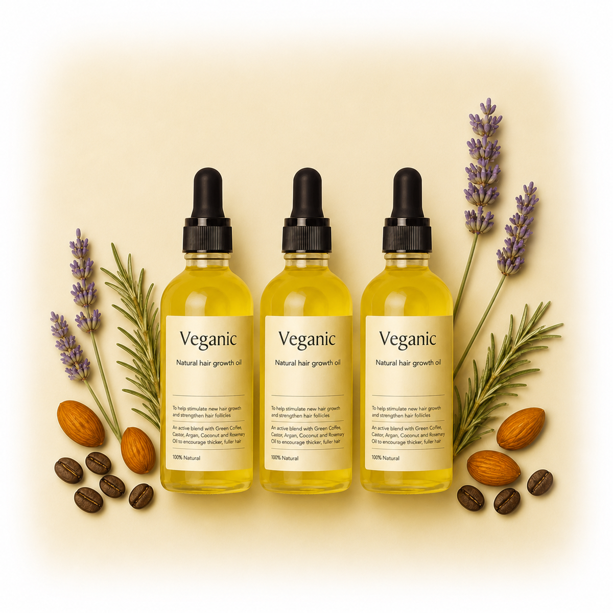 Three bottles of Veganic Natural Hair Growth Oil arranged together