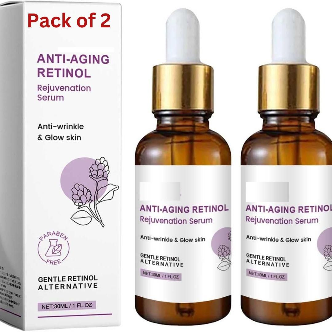 Two bottles of Anti Wrinkle and Glow Serum in liquid form