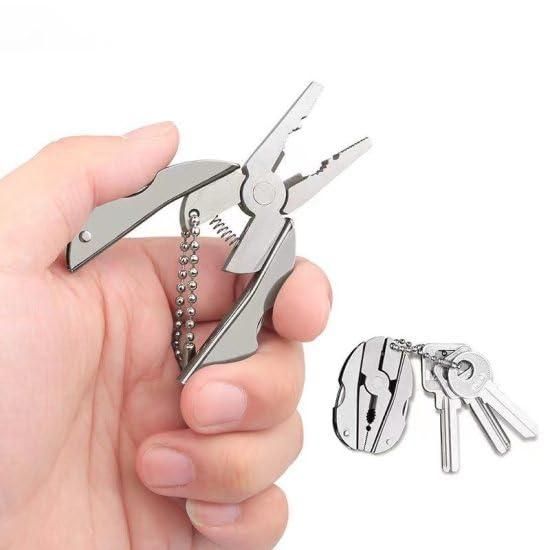 Miniature folding multi-tool with pliers shown on a keychain ring