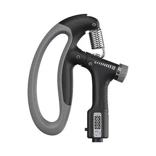 A handheld grip strength trainer with an adjustable tension knob and a mechanical repetition counter.