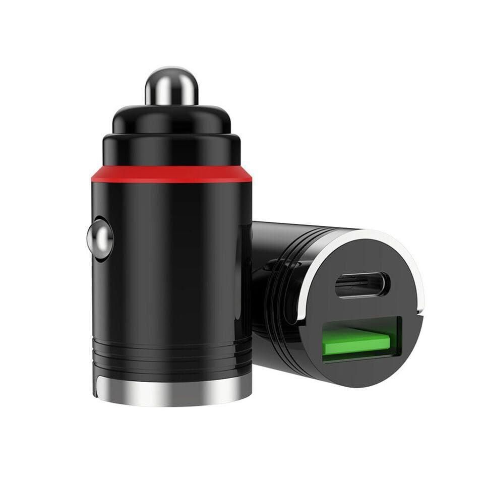A compact mini car charger for mobile devices in a black finish