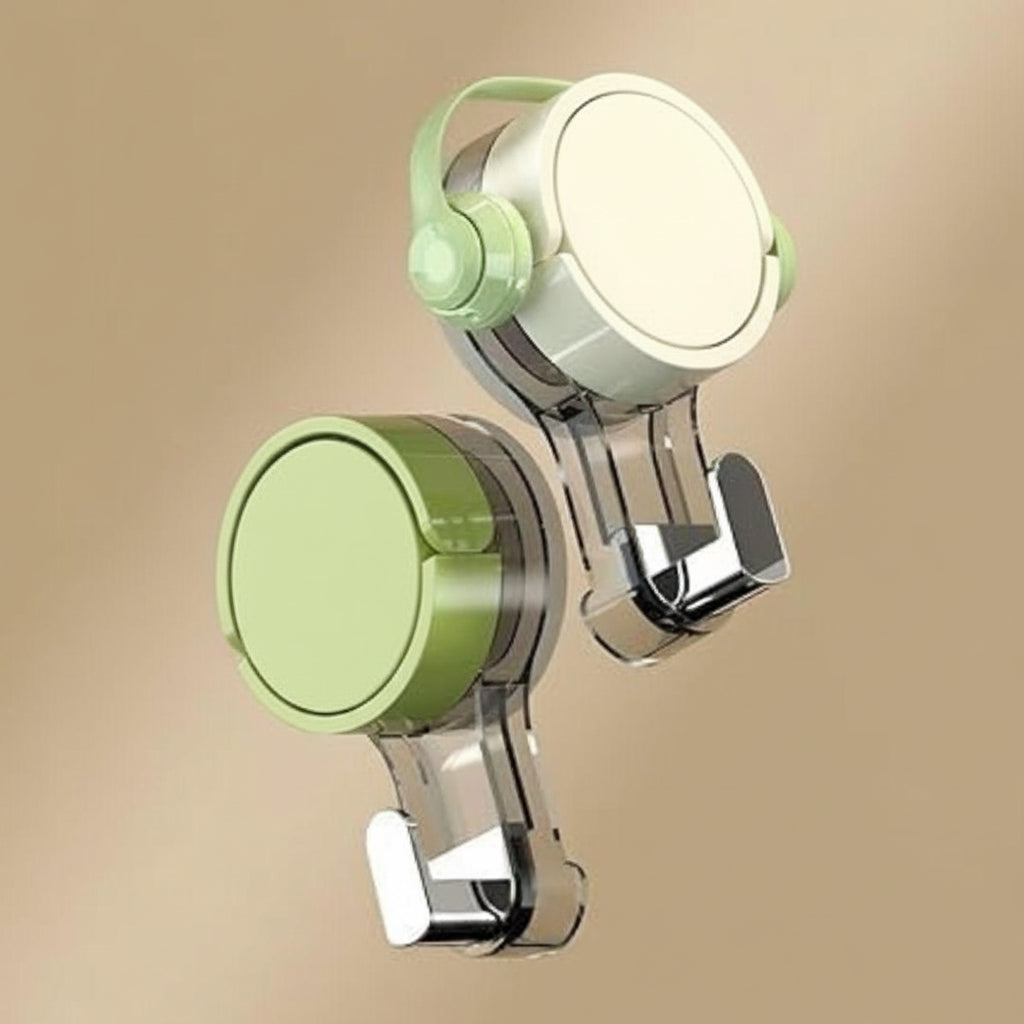 A pack of two white plastic suction wall hooks for bathroom towel storage