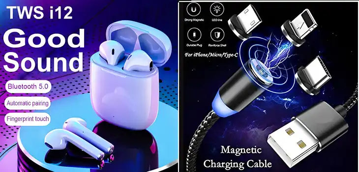 i12 TWS wireless earbuds in a charging case next to a 3-in-1 magnetic charging cable