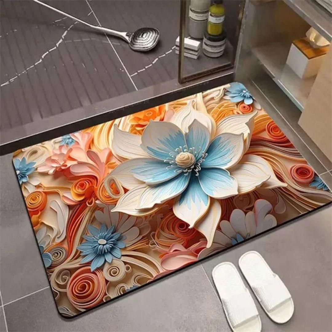 Floral design bathroom floor mat with non-slip base