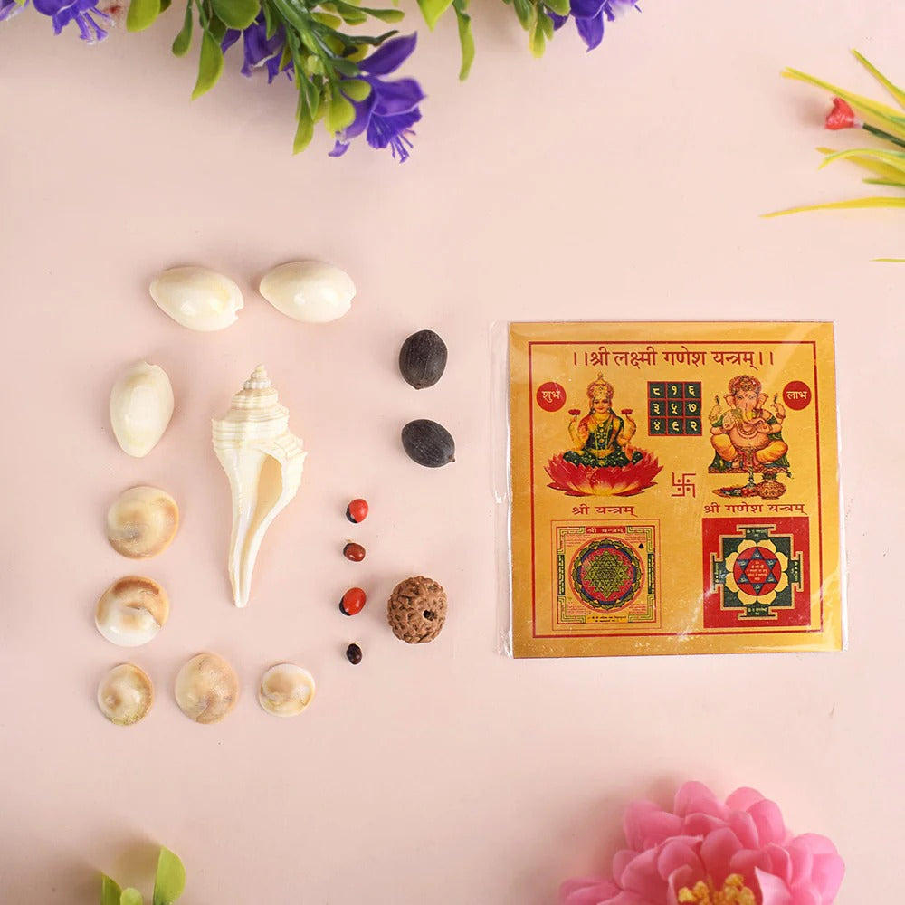 Spiritual Pooja Lakshmi Ganesh Yantra set containing multiple traditional ritual items