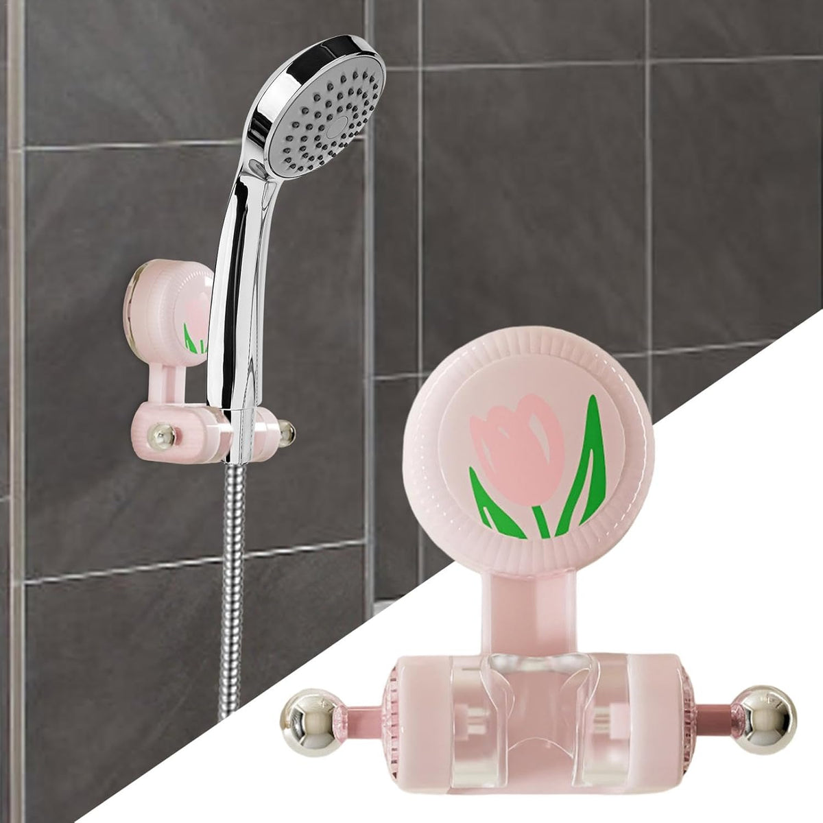 A white handheld shower head wall mount bracket