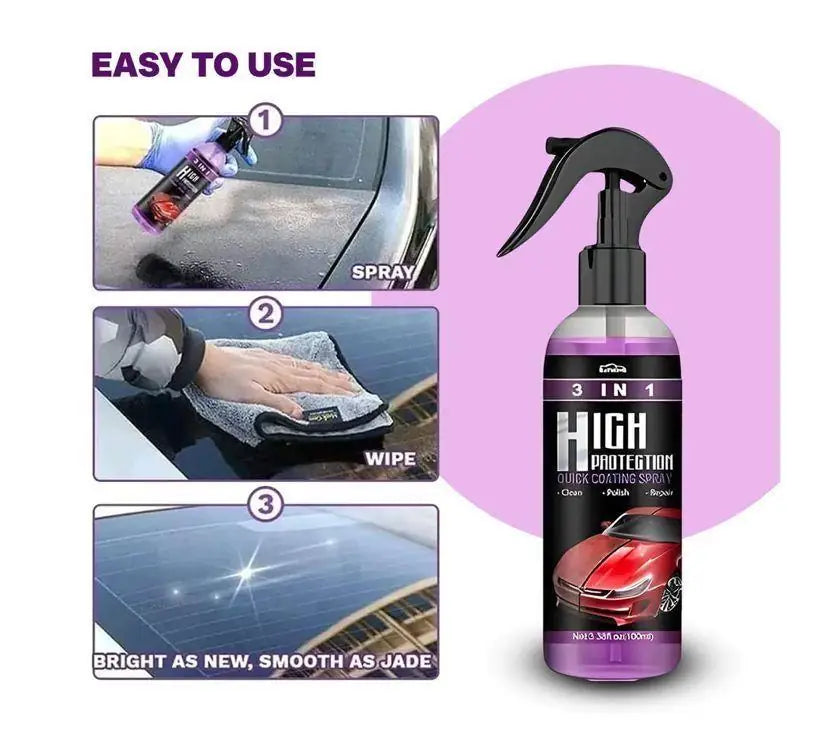 Three bottles of car polish spray with wax ingredients