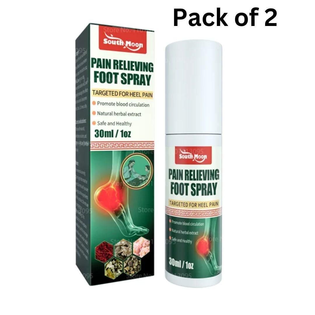 Two bottles of Pain Relieving Foot Spray standing upright on a plain background