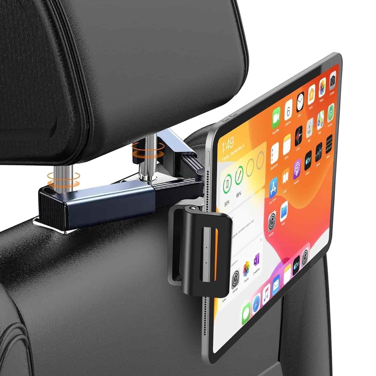 A car headrest mount holding a tablet securely for backseat viewing