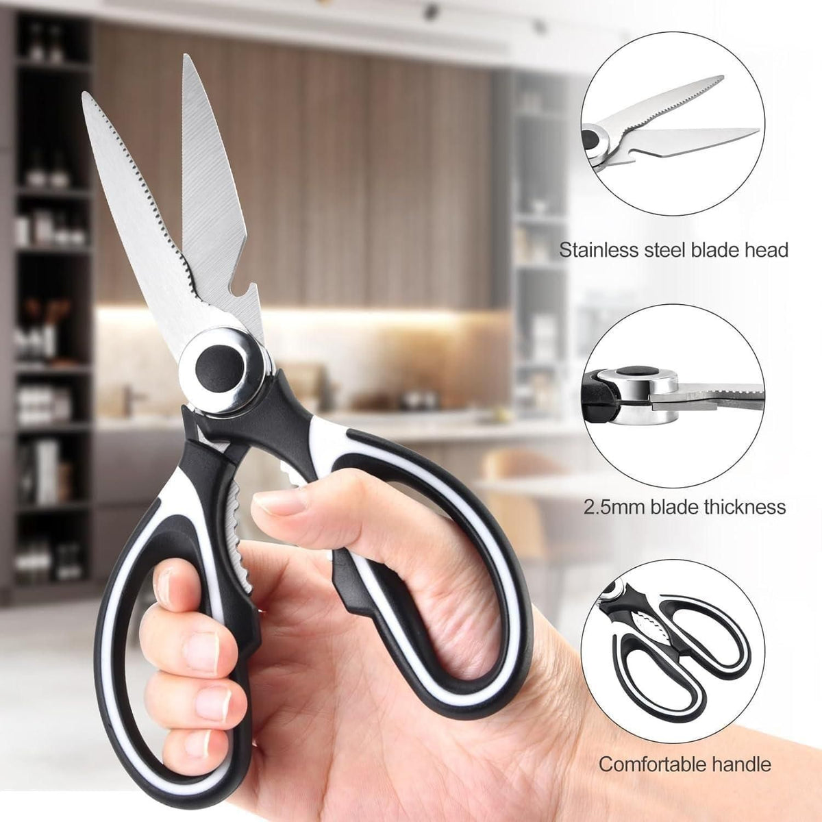 A pair of stainless steel style multifunction kitchen scissors for food preparation