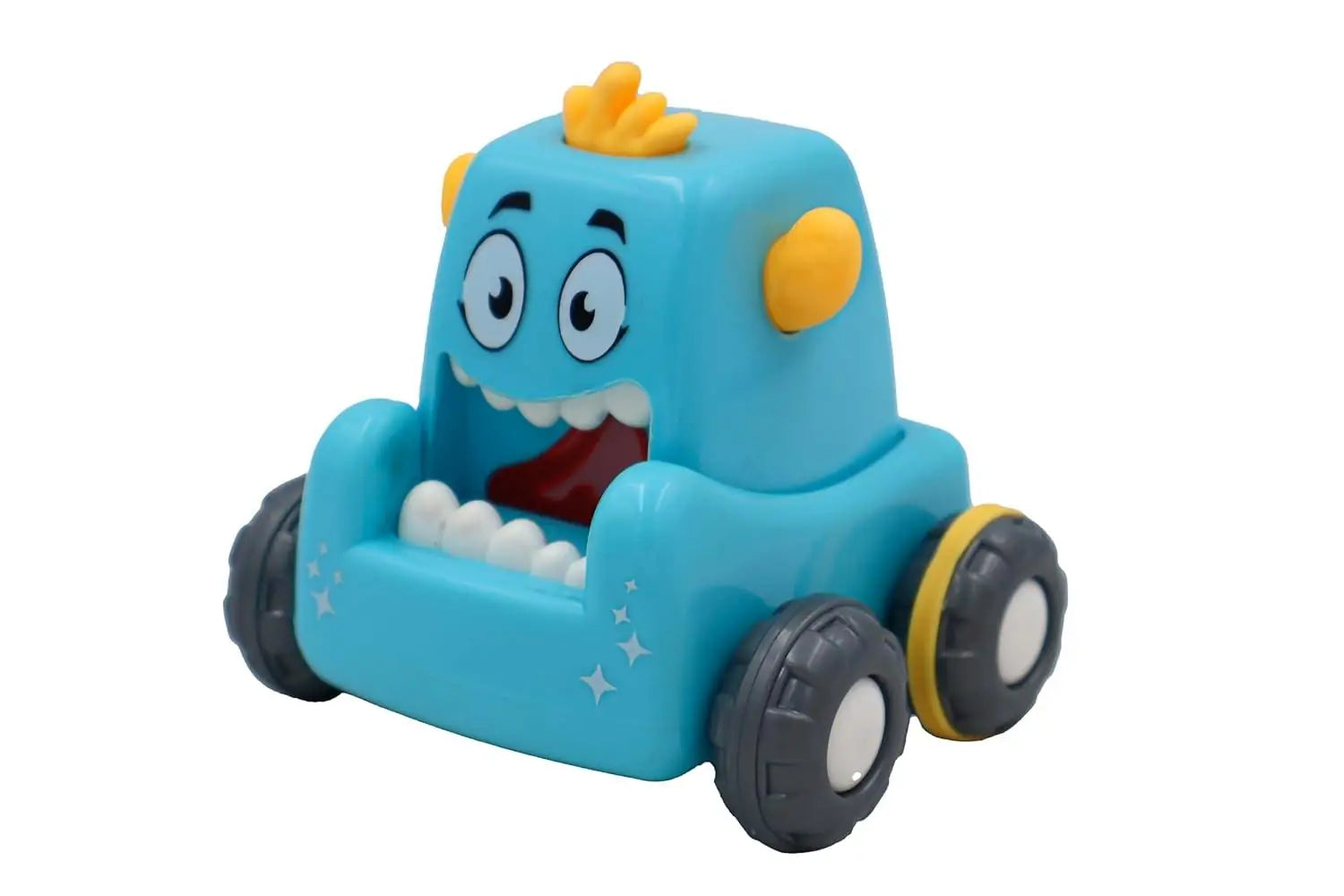 A colorful monster truck toy with large wheels designed for push-action play on flat floors.