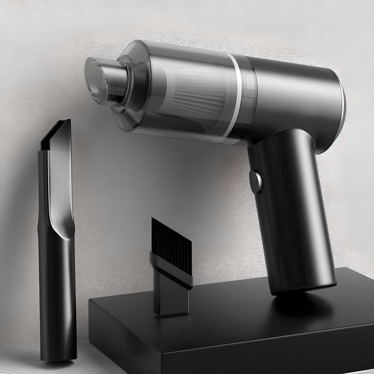A portable wireless air duster and vacuum cleaner with a sleek plastic and metal finish.