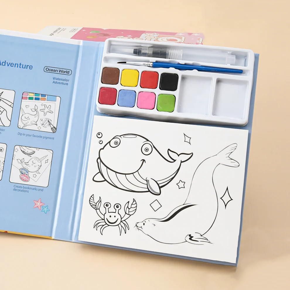 A portable water painting book for children showing a scene being coloured by a water-filled pen