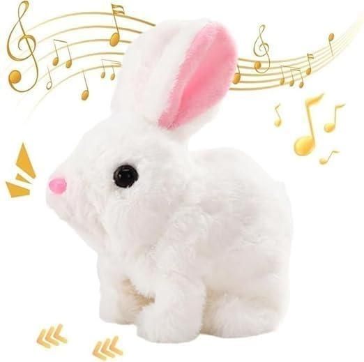 Interactive electronic bunny toy that hops and makes sounds for children
