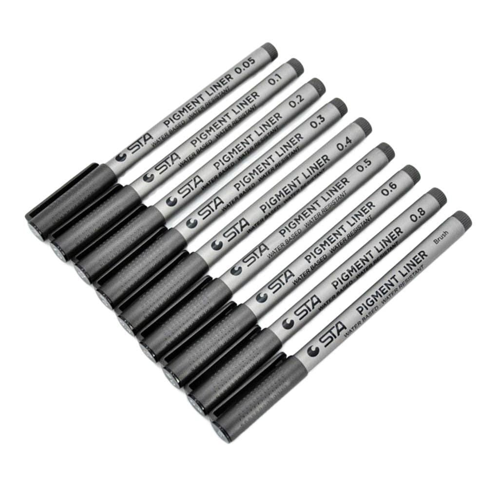 Set of nine black permanent marker pens with varying fine tip sizes