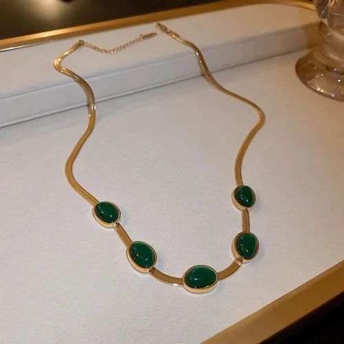 Oval Green Crystal Necklace Set with Matching Bracelet