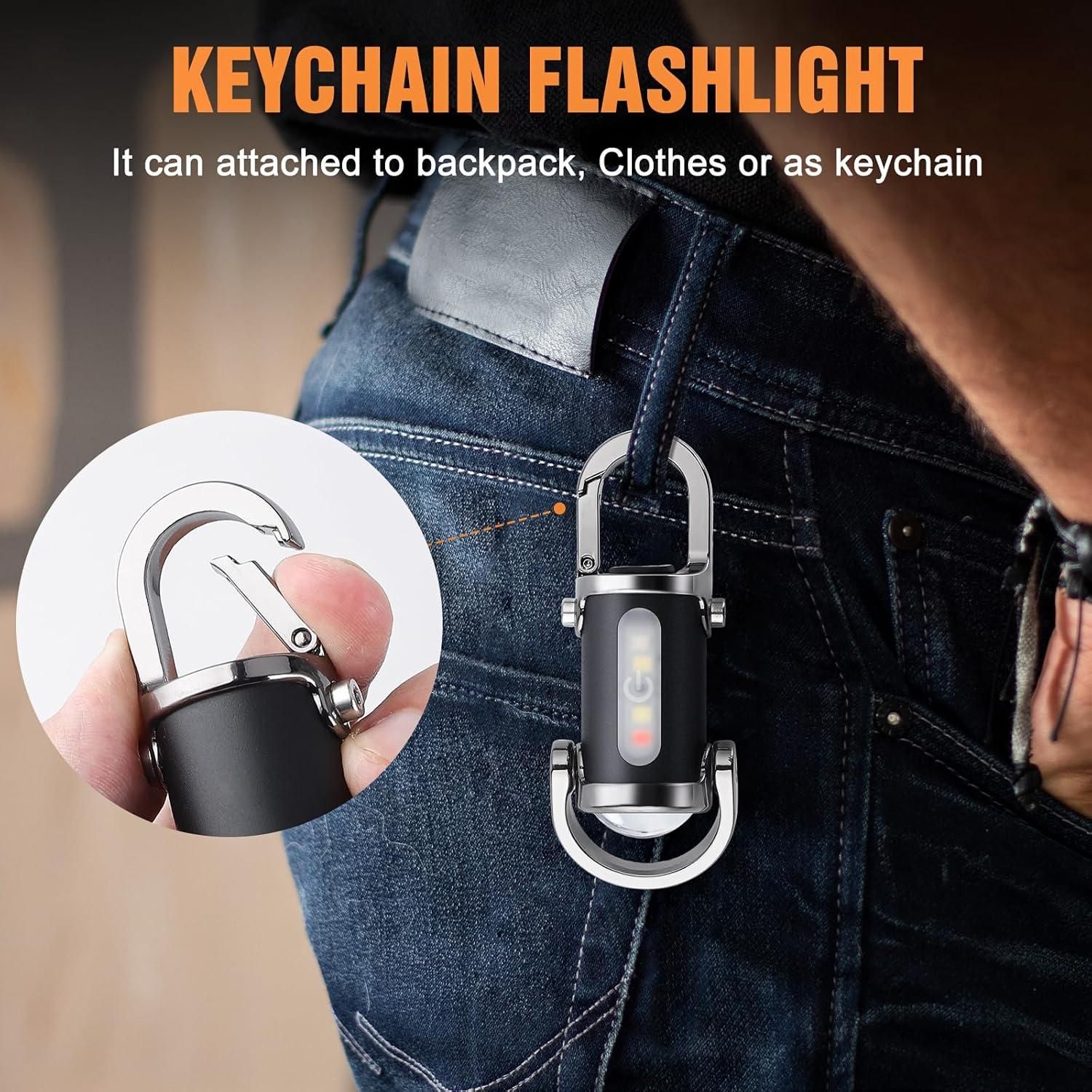 Compact rechargeable LED keychain flashlight on a metal keyring