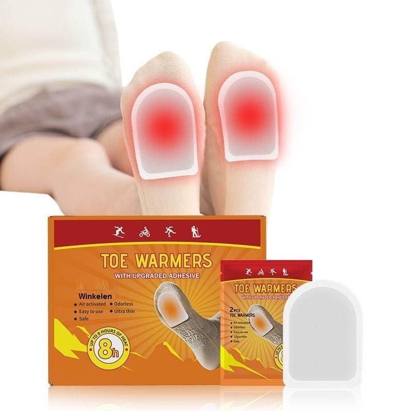 A pair of adhesive toe warmers designed to stick onto socks for foot heat