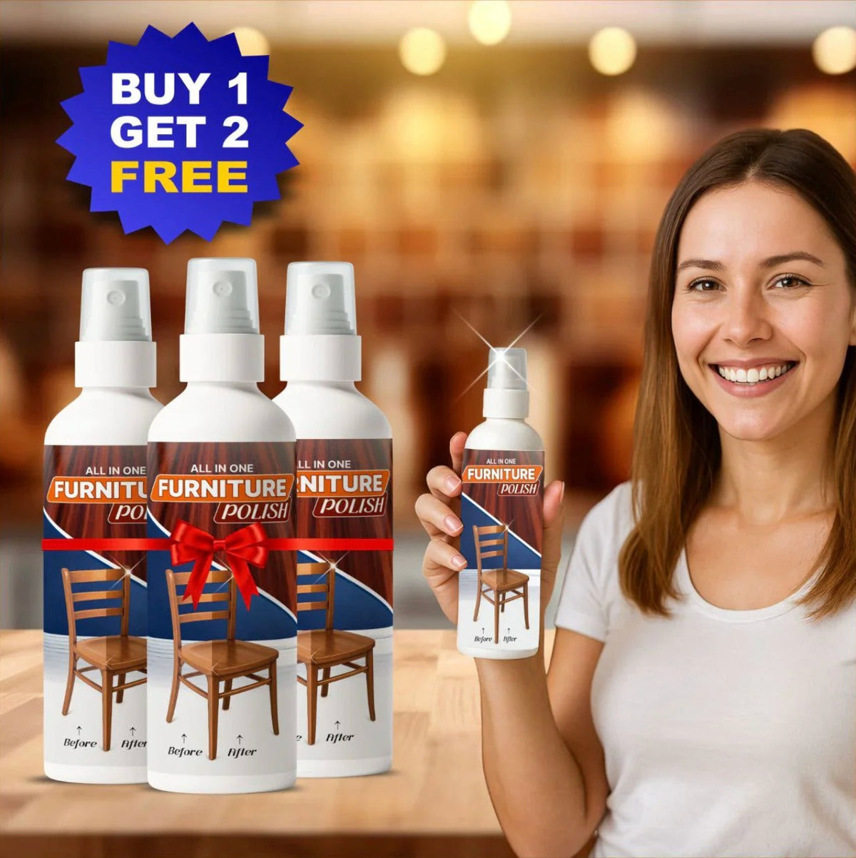 Three bottles of all in one furniture polish for wooden surfaces