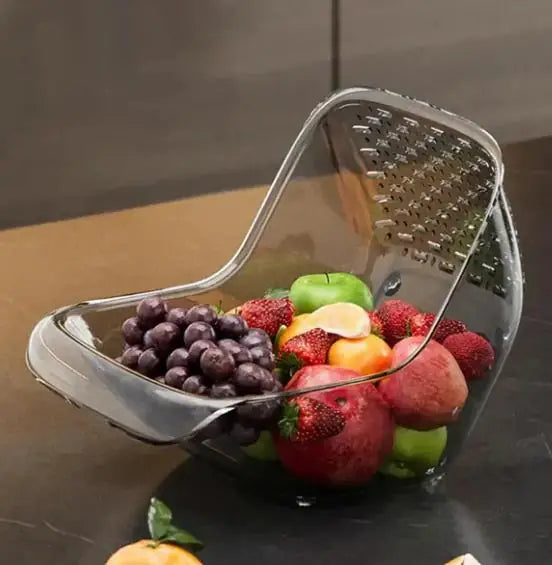 A plastic drain basket for kitchen sink use in a neutral color