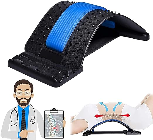 Adjustable back stretcher made of black and blue ABS plastic and TPE for lumbar support