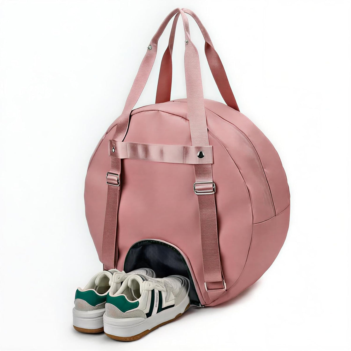 A cylindrical round duffle bag for travel and gym use made of water-resistant fabric