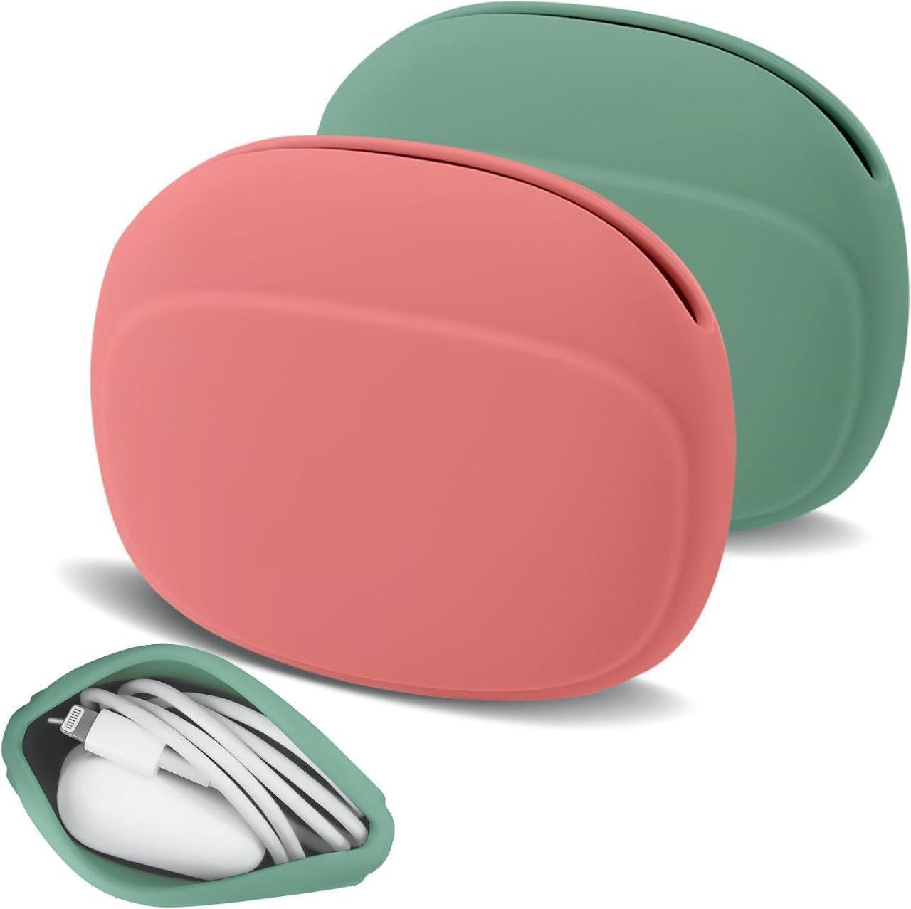 Two silicone pouches for storing earbuds and charging cables in assorted colours
